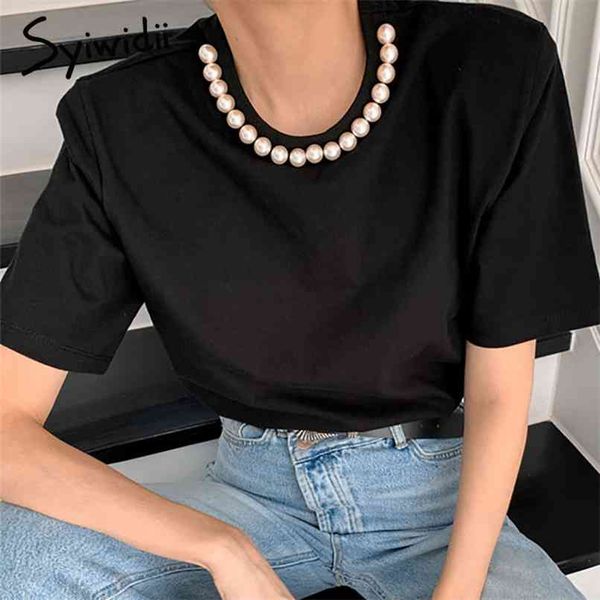 

vintage pearl t-shirts women shoulder pad shirts short sleeve o-neck white tees clothes summer knitted tshirt 210607