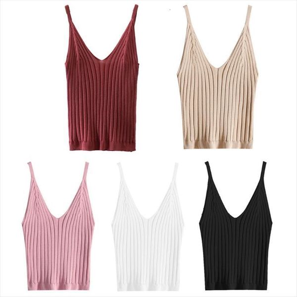 

sleeveless crop womens tanks ribbed knitted spaghetti strap camisole deep solid basic elastic slim sling vest, White