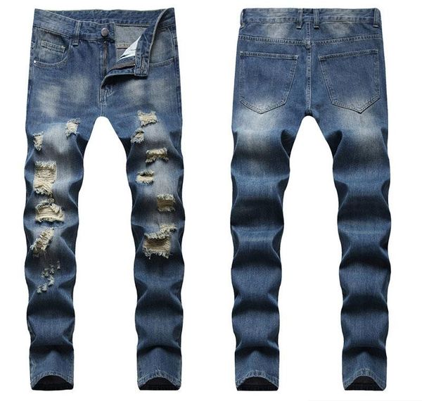 

men ripped slim fit jeans hole destroyed skinny straight leg washed frayed motocycle denim pants stretch biker men039s distress2418158, Blue