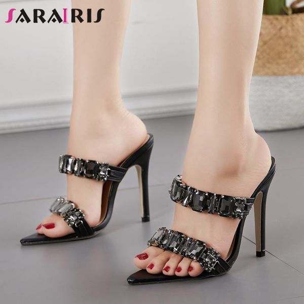 

slippers sarairis ladies shallow high heel mules fashion crystal decorating women summer pointed toe shoes woman, Black