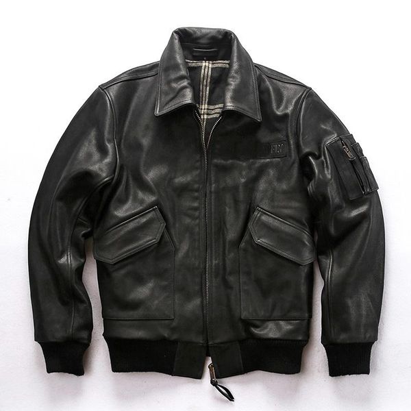 

men's leather & faux 2021 autumn winter thickened cowhide flight european american style warm vintage coats brand large size jacket, Black