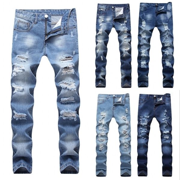 

2020 designer men's ripped jeans slim fit light blue denim joggers male distressed destroyed trousers button fly pants