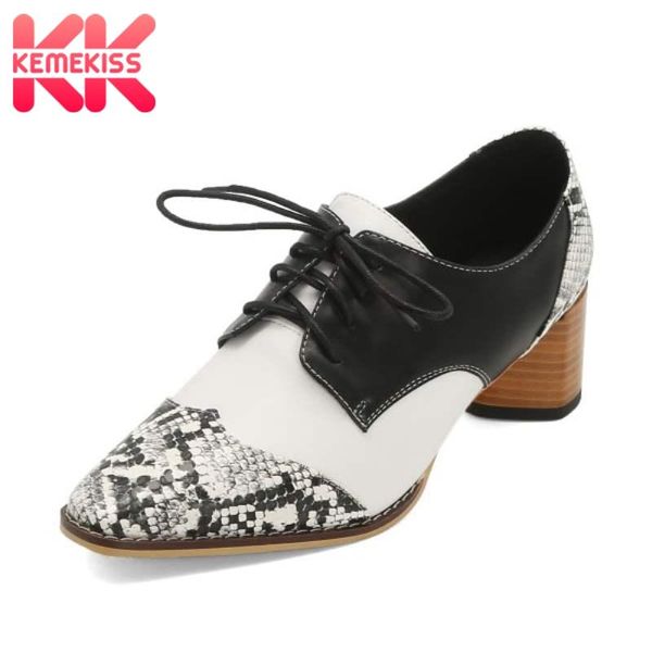 

dress shoes kemekiss women spring pumps fashion square toe mixed color design lace up thick heels footwear size 33-42, Black