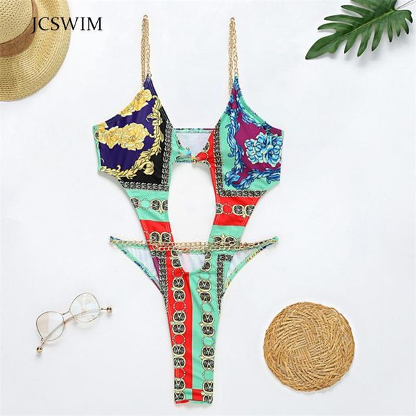 

chain swimsuit women one piece hollow out print swimwear female halter bikini 2021 high cut swim bather suit biquini women's, White;black