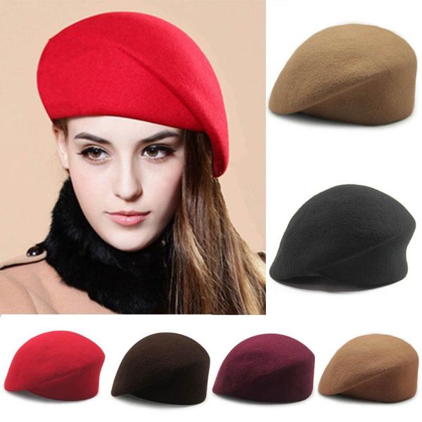 

berets autumn winter women's cap wool beret hat comfortable outdoor warm lady solid color flat felt, Blue;gray