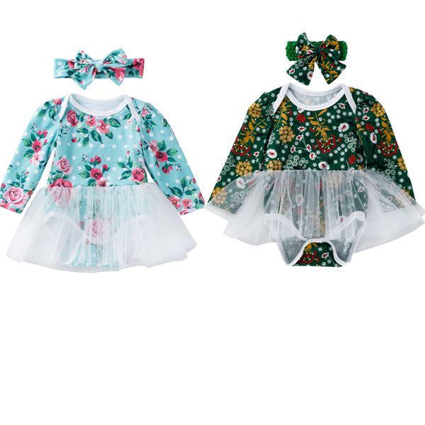

newborn baby girl romper dress long sleeve flowers print lace tutu dress headband clothes outfit, White