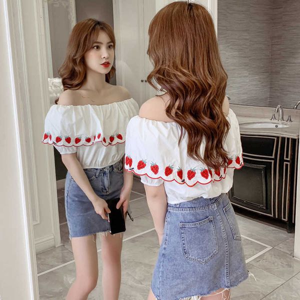 

women's knits & tees korean style kawaii strawberry embroidered ruffle off shoulder blouse women summer white sleeve crop lad