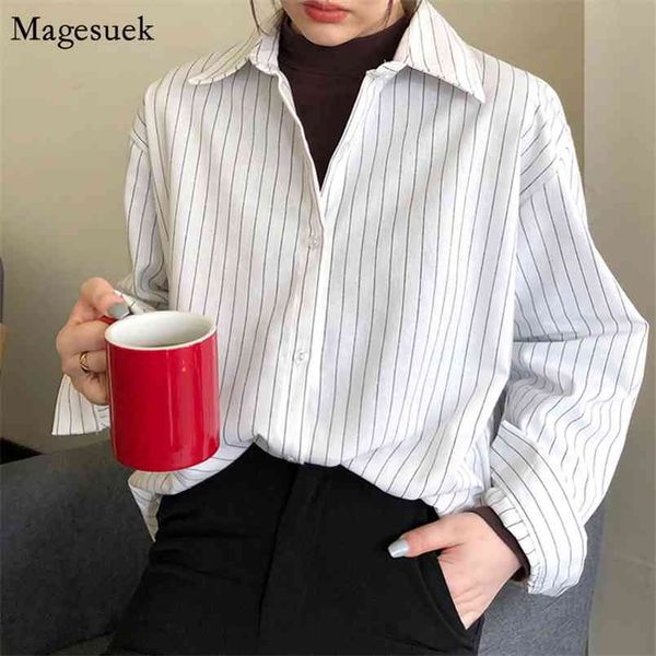 

fashion streetwear white blouse striped shirt autumn harajuku long sleeve plus size loose blouses women casual 11097 210512