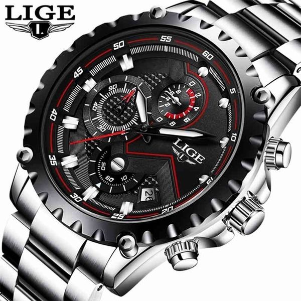 

lige watch men casual sport quartz clock brand mens watches luxury business full steel waterproof watch relogio masculino 210527, Slivery;brown