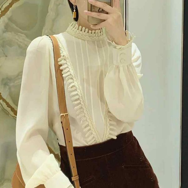 

shirt 2021 spring and summer beige apricot wheat ear lace 77q0, White
