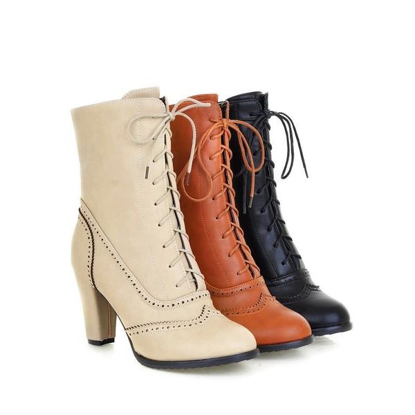 

boots 2021 winter trend plus size ankle women's high heels lace-up shoes, Black