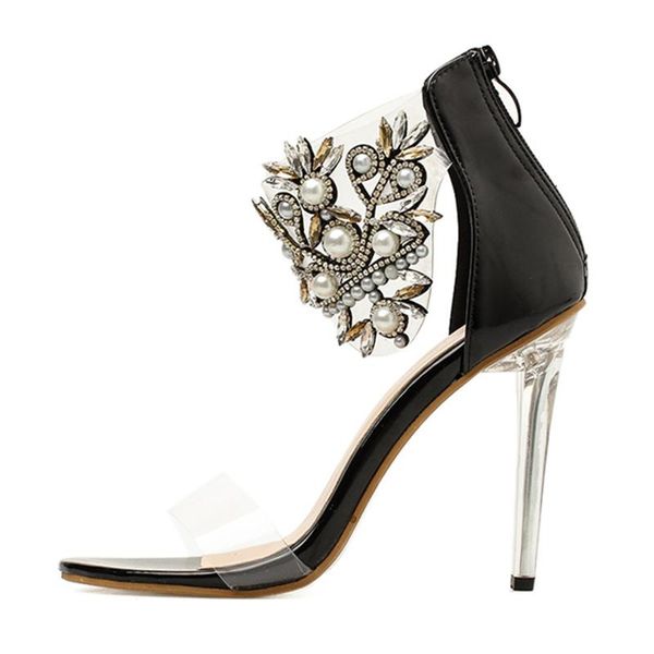 

women 10cm high heels pearl sandals female crystal fetish transparent shoes ankle strap luxury design lady summer pumps, Black