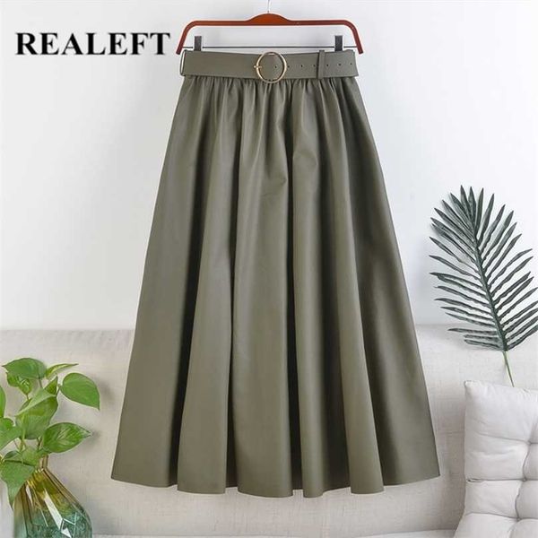 

realeft autumn winter faux pu-leather mi-long skirts with belt high waist elegant a-line chic mid-calf umbrella 211109, Black