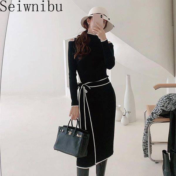 

seiwnibu fashion winter off shoulder sweater dress elegant korean women turtleneck knitted mid-calf office bow lace up casual dresses, Black;gray