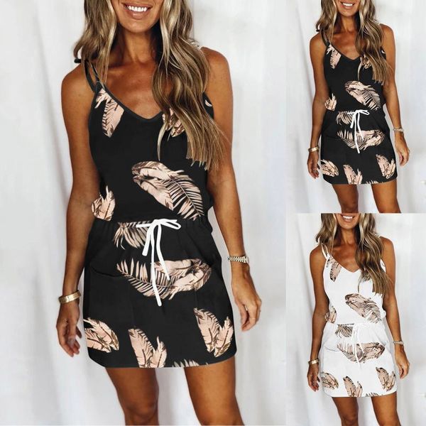

casual dresses women's fashion v-neck sleeveless strap open back print loose dress set summer beach vestidos verano, Black;gray