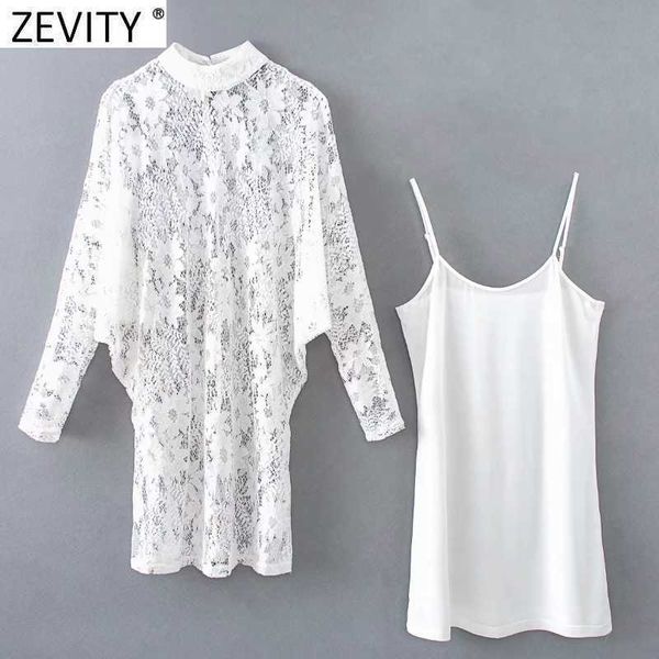 Zevity Sommer Frauen Sexy Aushöhlen Spitze Häkeln Shirtkleid Weibliche Batwing Hülse Vestidos Chic Inner Sling Kleider DS8100 210603