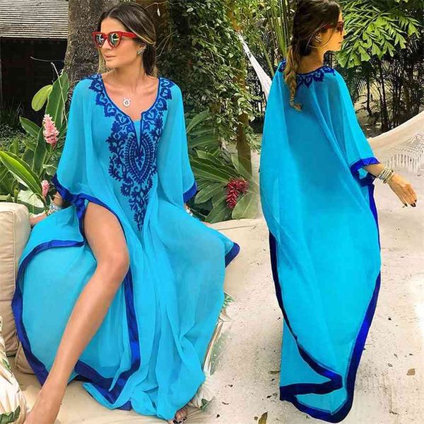Chiffon bestickt Frauen Boho Sommerkleid Strand weiß Cover Ups für Bademode Femme Casual Loose Pareo Up Wear 210604