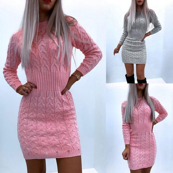 

bodycon dress women winter pattern turtleneck long-sleeved knitted o-neck sweater solid color ropa de mujer casual dresses, Black;gray