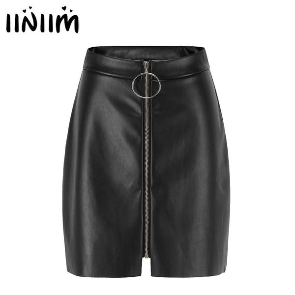 Mulheres molhadas olhar magro bodycon sexy miniskirt senhoras moda cintura alta plutão de couro preto saias dianteiros front o-ring zíper rave clubwear x0428