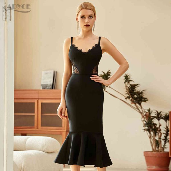 

summer women black lace mermaid bandage dress spaghetti strap v neck bodycon club celebrity runway party dresses 210423, Black;gray