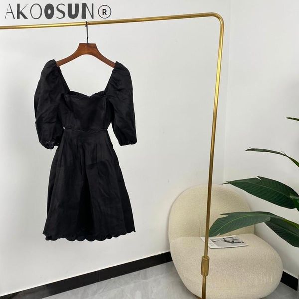 

party dresses 2021 summer women fashion black square collar wave bottom back self-tie mini linen, White;black