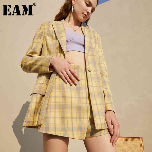 

[eam] wide leg pants two piece plaid suit lapel long sleeve yellow loose fit women fashion spring autumn 1dd6184 21512, White