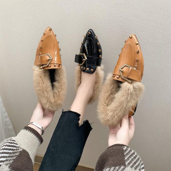

sandals all-match outside 2021 women's female shoe fur heels med girls fashion medium short plush mules rubber basic pu wint, Black
