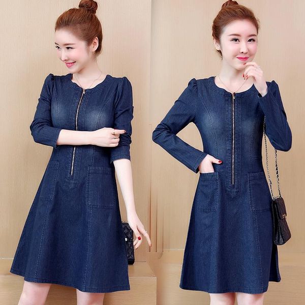 

casual dresses spring autumn women plus size solid slim zipper o-neck long sleeve jeans dress for denim one-piece, Black;gray