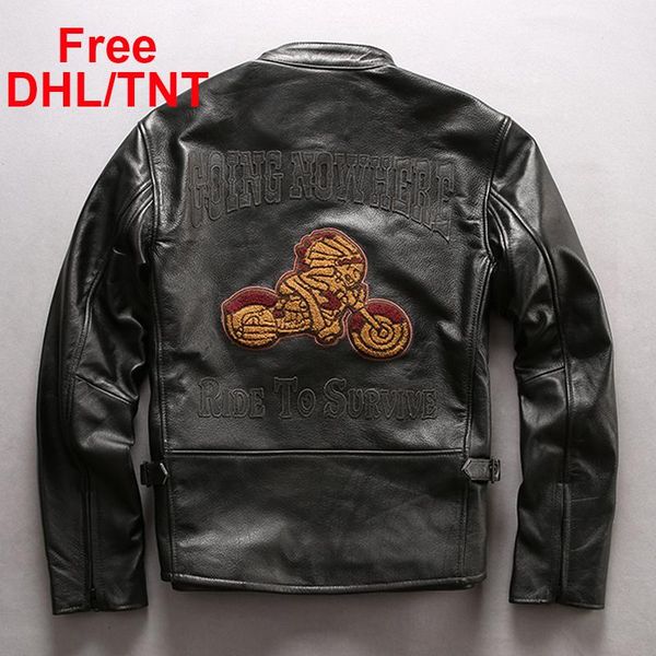 

men's leather & faux cow jacket genuine vintage moto embroidery male retro motorcycle biker coat dhl/tnt, Black