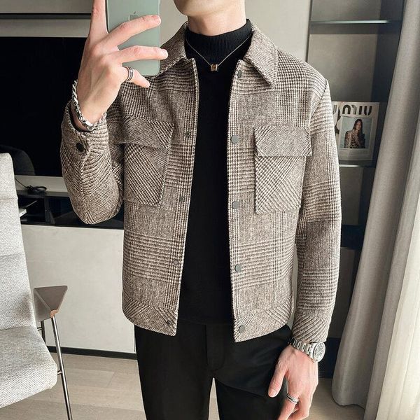 

men's wool & blends 2021 autumn winter man woolen jacket coat plaid trench turn-down collar thickening fashion casual jackets b621, Black