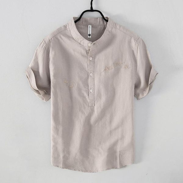 

men's casual shirts summer design stand collar embroidered short sleeve men brand solid shirt for chemise camisa mens, White;black