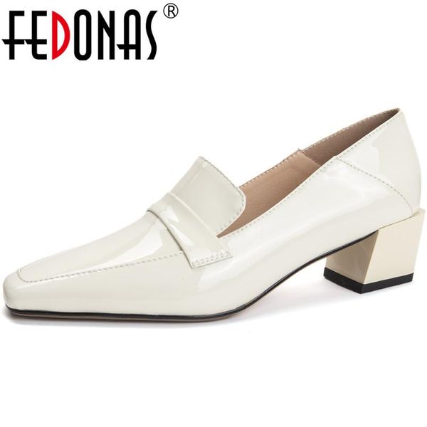 

dress shoes fedonas shallow thick high heels pumps concise designer for women 2021 genuine leather working wedding woman, Black