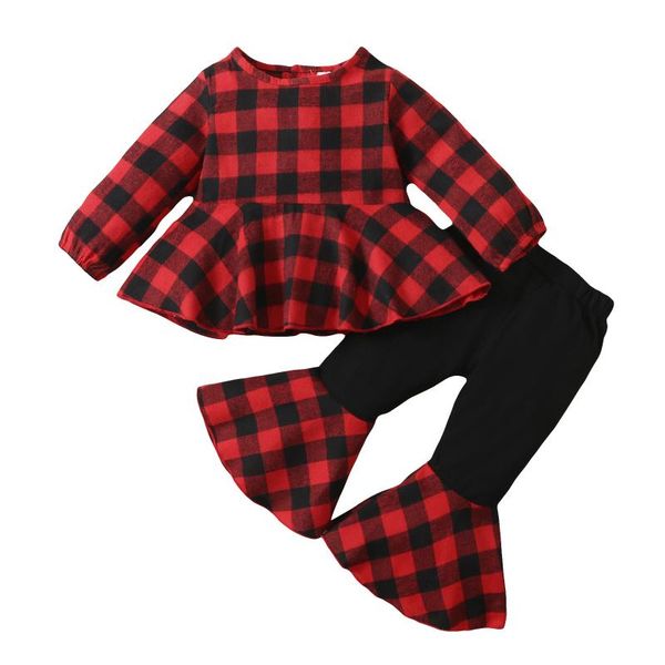 

clothing sets 2021 0-5y christmas kids baby girl clothes set plaid print long sleeve o neck dress+patch flare pants costume 2pcs outfits, White
