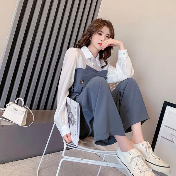 

women's two piece pants women 2021 spring fashion 2 suits female solid color thin pullover shirts ladies high waist loose wide leg sets, White