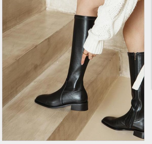 

boots winter autumn quality genuine leather knee high concise female classic heels pumps party white shoe, Black