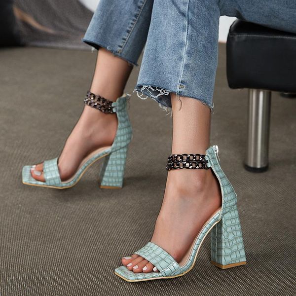 

metal chain ankle strap plaid block heels zipper square toe ladies shoes fashion summer casual 7cm high women sandals, Black