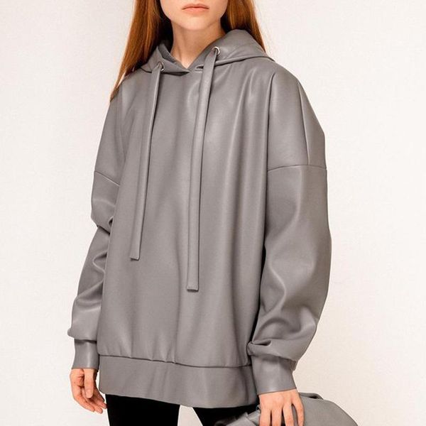 

fashion side split casual sweatshirts women elegant simple loose solid sweatshirt hooded faux leather ladies women's hoodies &, Black