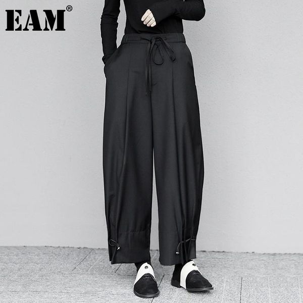 

[eam] high elastic waist long black pleated wide leg trousers loose fit pants women fashion tide spring autumn 2021 1dd5521 women's & c, Black;white