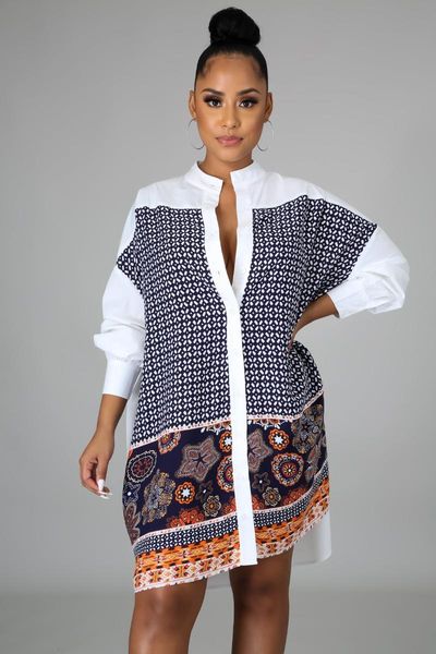 

casual dresses fashion women's dress summer stand-up collar hedging geometric pattern printing loose plus size donsignet, Black;gray