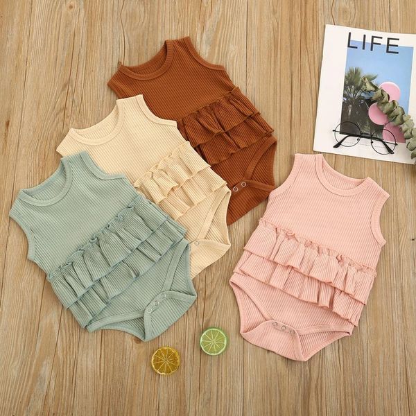 

emmababy 0-3y baby boys girls bodysuit solid color knitted jumpsuit summer sleeveless ruffle hem decorations one-piece playsuit rompers, Blue
