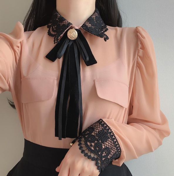 

autumn long sleeve women shirt lace collar transparent chiffon blouse velvet bowtie chic blusa women's blouses & shirts, White