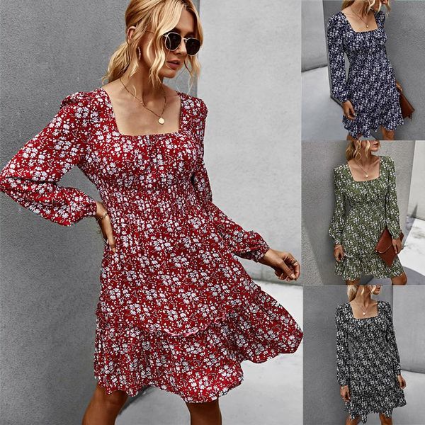 

casual dresses autumn flower print dress women's fashion square collar long sleeves draped a-line cute sweet streetwear pullover mini p, Black;gray