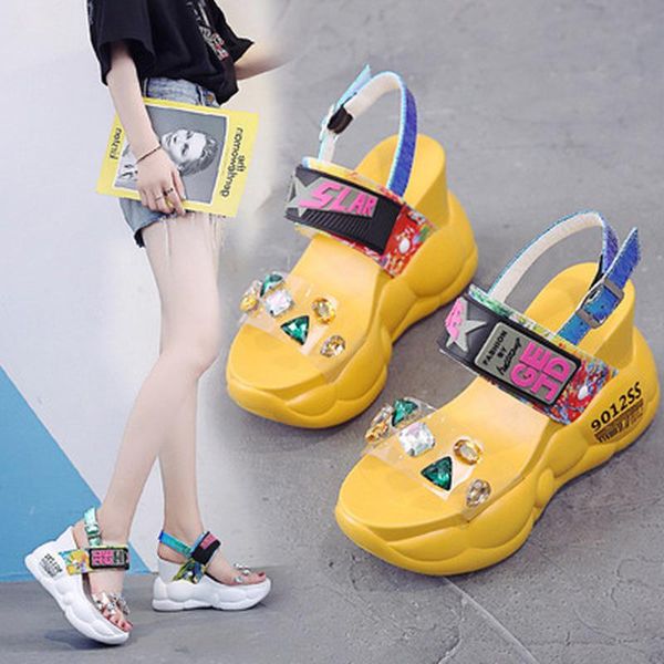 

sandals platform women 2021 chunky super high heels white summer fashion transparent diamond wedge rhinestone, Black