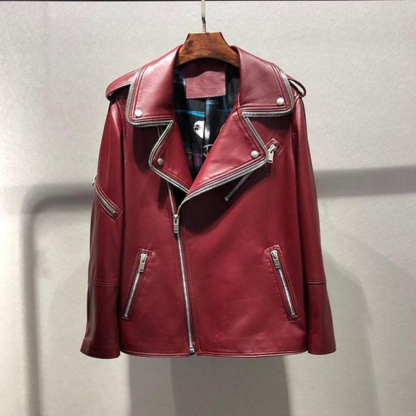 

women's leather & faux brand genuine jacket women turn-down collar coat red color jackets fashion real sheepskin coats short style, Black