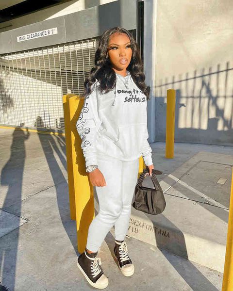 

Early Autumn Women Fashion Solid Color Letter Smiling Face Printing Long Sleeve Sweater Hooded Pants Two-piece Set, Gray