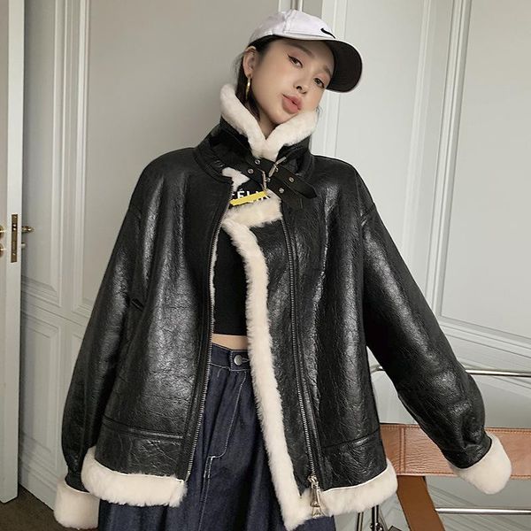 

women's fur & faux black motorcycle style integrated coat leisure standing collar button lamb grass jacket women medium length