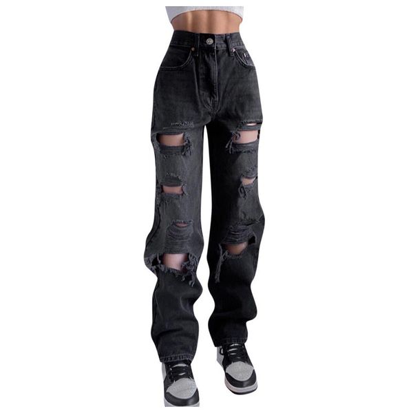 

women's jeans female trousers autumn fashion comfortable high waist hole pocket slim denim pants straight pantalon pour femme, Blue