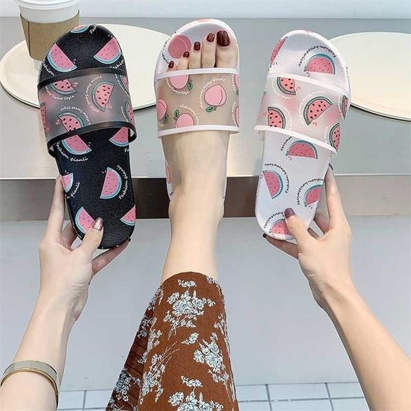 Mode Obst Druck Frauen Hausschuhe Sommer Haus Pfirsich Banane Erdbeere Wassermelone Muster Cartoon Sandalen Schuhe 211110