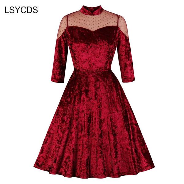 

fall winter vintage dresses stand collar contrast sheer mesh burgundy velvet women party night elegant dress casual, Black;gray