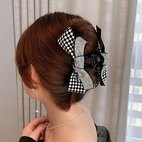 

hair clips & barrettes amorcome korean clip for women white black plaid rhinestone bow large barrette acrylic accessories, Golden;silver